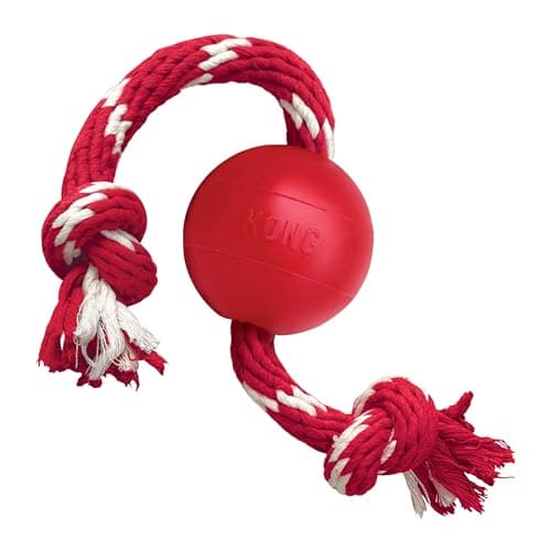 KONG Ball with Rope - Durable Fetch Toy for Small Dogs - Natural Rubber - Red