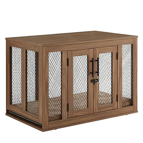 Unipaws Walnut Dog Crate with Tray and Cushion, Medium Size
